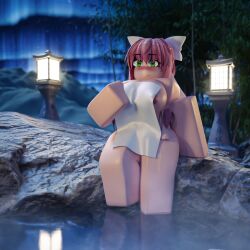 1girls 3d barefoot big_breasts blush brown_hair cliffr4t doki_doki_literature_club female female_only full_body green_eyes hair_ribbon hot_spring monika_(doki_doki_literature_club) naked naked_female night nipple_slip nude nude_female ponytail roblox solo solo_female thick_thighs towel towel_only water