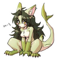 1girls 2023 anchovy_(cursedanchovy) blep blush breasts canine claws covering_crotch cream_fur cursedanchovy cute ear_piercing eyebrows eyebrows_visible_through_hair eyelashes featureless_breasts female female_only freckles furry furry_only green_body green_fur green_hair hybrid inner_ear_fluff japanese_text long_hair looking_at_viewer medium_breasts mlem pawpads paws shark shark_tail simple_background tongue tongue_out white_fur wholesome wolf wolf_ears yellow_eyes