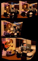 1boy 1girls 3d artist_name boner boner_in_pants breasts brown_hair bulge_in_pants censored_penis comic dialogue english_text handjob roblox robloxian saiga12pf self_upload sweater tagme text thick_thighs thighs