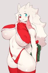 1girls 2023 awkward awkward_smile big_breasts blush blush_lines breasts buta99 caprine christmas cyan_eyes female female_only furry furry_only gift gift_box goat goat_ears goat_girl goat_horns goat_tail holidays horizontal_pupils horns huge_breasts navel nipple_bulge present pubic_tuft shy simple_background stockings tail teeth vanilla_(buta99) white_body white_fur white_hair