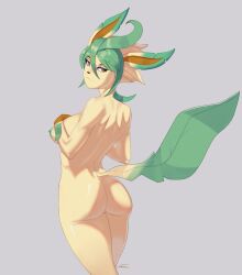 1girls anthro ass breasts brown_nose eeveelution female fur generation_4_pokemon green_hair hair leaf leafeon nintendo plant pokémon_(species) pokemon pokemon_(species) smile solo tail tan_body tan_fur vinael yellow_body