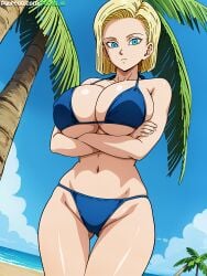 1girls absurd_res absurdres ai_generated alternate_version_available android_18 arms_crossed beach big_breasts bikini blonde_female blonde_hair blue_eyes crossed_arms dragon_ball dragon_ball_super dragon_ball_z female gigantic_breasts high_resolution highres huge_breasts looking_at_viewer medium_hair midriff navel nipple_bulge panda-ai panda_ai stable_diffusion thigh_gap thighs underboob