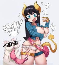 1animal artist_request black_hair blue_eyes devil_horns devil_tail embarrassed_nude_female horns large_breasts nipple_piercing original pointy_ears source_request stolen_clothes succubus tail thick_thighs velvet_(ironbunz)