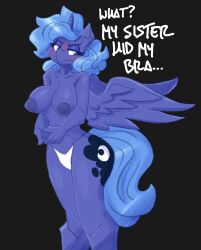 alicorn anthro anthrofied blue_body blue_eyes blue_hair blue_skin bottomwear breasts clothing english_text equid equine female flutterthrash friendship_is_magic hair hasbro horn mammal my_little_pony nipples panties princess_luna_(mlp) solo tail text topless underwear wings