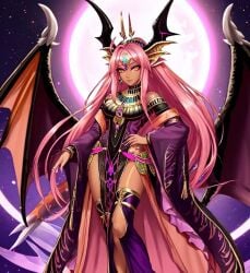 ai_generated deity dragon egyptian egyptian_clothes egyptian_female gem goddess harpy harpy_vtuber indie_virtual_youtuber moon moonlight night_sky orange_eyes pink_hair trickywi virtual_youtuber vtuber wings wings_on_head