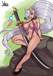 akemi_(lokoshkan) giant_sword grey_hair horns jirs large_breasts long_hair oni oni_female oni_horns original pointy_ears sling_bikini sole_female tan_body tan_skin