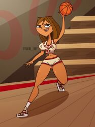 ass ass_visible_through_thighs bare_midriff basket basketball basketball_(ball) basketball_uniform big_breasts breasts brown_hair busty cameltoe courtney_(tdi) crop_top dark-skinned_female dark_skin erect_nipples freckles hourglass_figure navel nipple_bulge short_hair sneakers tagme tdkai_art total_drama_island wide_hips