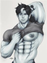 1boy abs alexcherubic biceps black_hair clothing commission male male_focus male_only muscles muscular muscular_male pecs smile t-shirt