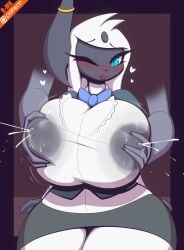 2023 absol absol_bartenders anthro areola big_breasts blush bodily_fluids bottomwear bow_tie breast_grab breasts clothed clothing disembodied_hand female female_pokemon generation_3_pokemon grope groping_from_behind hand_on_breast heart hi_res horn huge_breasts katherine_(r-mk) lactating lactating_nipples lactating_through_clothing lactation lactation_through_clothes lactation_through_clothing milk milk_squirt milk_squirting milking nintendo nipple_outline nipples one_eye_closed original original_character pokemon pokemon_(species) projectile_lactation r-mk sitting skirt thick_thighs tongue tongue_out translucent translucent_clothing wet wet_clothing wide_hips