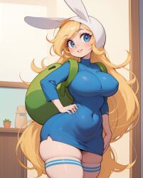 1girls absurdly_long_hair adventure_time ai_generated backpack big_breasts blonde_female blonde_hair blonde_hair_female blue_eyes breasts cartoon_network clothed clothing curvy eyebrows_visible_through_hair female female_only fionna_the_human_girl hand_on_hip headwear hourglass_figure legwear navel_visible_through_clothes nipple_bulge rocksolidart solo solo_female thick_thighs thighhighs wide_hips