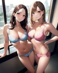 2girls ai_generated ai_mirror belly_button blue_underwear blush brown_eyes brown_hair building hand_on_hip long_hair looking_at_viewer pink_underwear small_breasts smile street white_skin window