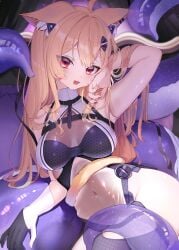 blonde_hair cat_ears cat_tail catgirl face_markings female_only red_eyes squchan_(vtuber) tentacle virtual_youtuber vyugen