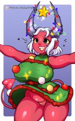 1girls big_breasts christmas christmas_clothing christmas_lights christmas_outfit dahlia_(thedansome) female female_only guttybee heart_tail horns large_breasts pointy_ears red_skin solo tail thick_thighs tiefling white_hair