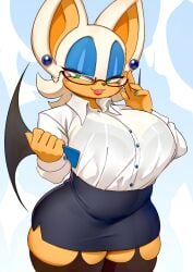 2022 bat bat_girl bat_wings bedroom_eyes big_breasts blue_eyeshadow breasts earrings female female_focus female_only furry glasses green_eyes krokobyaka miniskirt office_lady pantyhose pink_lips pink_lipstick rouge_the_bat seductive_look see-through_top sega simple_background sonic_(series) sonic_the_hedgehog_(series) source_request thick_thighs thighhighs thighs tucked_shirt visible_bra_through_clothes white_background white_hair