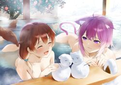 2girls blush cheerful closed_eyes completely_nude completely_nude_female cute_fang fangs hololive hololive_gamers hololive_japan hot_spring inugami_korone looking_at_partner lying_on_stomach nekomata_okayu nude nude_female onigiri onsen partially_submerged smile snowman steam umakuchi_shouyu virtual_youtuber