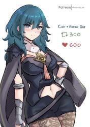 1girls alternate_version_available artist_name black_shirt black_shorts blue_eyes blue_hair blush breasts byleth_(female)_(fire_emblem) byleth_(fire_emblem) byleth_(fire_emblem)_(female) chascoby clothing_cutout commentary cowboy_shot female female_only fire_emblem fire_emblem:_three_houses hair_between_eyes highres leggings long_hair medium_breasts meme navel navel_cutout nintendo patreon_username shirt short_shorts shorts simple_background solo standing teal_hair twitter_strip_game_(meme) white_background