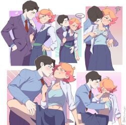 1boy amanda_o'neill andrew_hanbridge arikindows10 black_hair blush breasts class_difference classy classy_male female grabbing grabbing_another's_breast green_eyes grin highres hug hug_from_behind kissing kissing_neck little_witch_academia looking_at_another luna_nova_school_uniform middle_finger multiple_views navel orange_hair school_uniform short_hair small_breasts smile straight