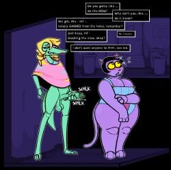 3_fingers 3_toes 4_fingers against_surface against_wall alley anthro ass balls big_breasts big_butt black_background black_hair blonde_hair blush bodily_fluids bottomless bratty_(undertale) breasts bulging_breasts catty_(undertale) clothed clothing crocodile crocodilian crocodylid dialogue domestic_cat drill_curls duo english_text eyelashes feet felid feline felis female fingers fti_crossgender fully_clothed fur genitals green_balls green_body green_penis green_skin grunting hair hi_res highlights_(coloring) intersex intersex/female lipstick long_hair long_penis long_tail looking_at_another looking_at_butt looking_away looking_down makeup mammal masturbation motion_blur narrowed_eyes nervous outline outside overalls overweight overweight_female penile penile_masturbation penis pink_sclera public public_masturbation purple_body purple_fur questionable_consent red_lipstick reptile rule_63 saggy_balls scaled_penis scalie side_butt simple_background sound_effects standing sweat sweatdrop tail teeth text text_box thick_thighs toes topwear topwear_only trash_can undertale undertale_(series) white_outline xenopavilia yellow_sclera