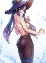 1girls ass ass_focus back bare_shoulders blue_eyes blue_hair breasts breasts_out foxtaiyo genshin_impact hat hoyoverse light-skinned_female light_skin long_hair looking_at_viewer looking_back mona_(genshin_impact) nude pantyhose pantyhose_only simple_background solo standing