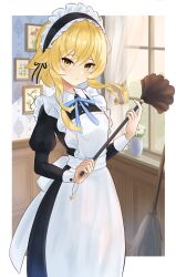 1girls apron blonde_hair breasts broom feather_duster genshin_impact holding_feather_duster hoyoverse looking_at_viewer lumine_(genshin_impact) maid maid_apron maid_headdress maid_uniform short_hair shuvalun8 small_breasts vase window yellow_eyes