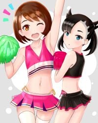 2girls black_crop_top black_hair black_skirt breasts brown_eyes brown_hair cheerleader cheerleader_uniform crop_top earclip gloria_(pokemon) green_eyes looking_at_viewer marnie_(pokemon) midriff navel nintendo pan_korokorosuke panties pink_crop_top pink_panties pink_skirt pokemon pokemon_ss pom_pom_(cheerleading) pom_poms short_black_hair short_brown_hair short_hair side-tie_panties skirt small_breasts thighhighs twintails yellow_panties