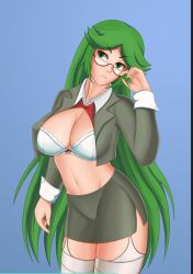 1girls big_breasts bra business_attire business_woman cleavage dpannkaka exposed_breasts female female_only fully_clothed garter_straps glasses green_eyes green_hair kid_icarus kid_icarus_uprising lingerie nintendo palutena pannkaka666 pencil_skirt revealing_clothes skimpy skimpy_clothes solo stockings thighhighs white_bra white_legwear white_stockings