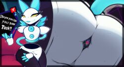 anthro ass ass_focus big_butt blue_hair darkner deltarune digital_media_(artwork) duo english_text extreme_size_difference felid feline female giantess hair hi_res human kris_(deltarune) larger_female machine male male/female mammal micro muka28 mukaxslivka robot sitting_on_another size_difference smaller_male tasque_manager_(deltarune) text thick_thighs undertale_(series) yellow_eyes