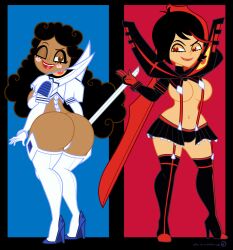 2girls ass bakuzan big_ass black_hair brown_eyes brown_hair carmelita_aves cosplay el_tigre female female_only footwear freckles freckles_on_ass hair half-closed_eyes heels high_heels huge_ass junketsu junketsu_(cosplay) kill_la_kill kiryuuin_satsuki_(cosplay) lips lipstick long_hair looking_back maria_rivera matoi_ryuuko_(cosplay) mature mature_female mature_woman milf mother multiple_girls one_eye_closed pills-in-a-little-cup red_eyes red_lips red_lipstick scissor_blade scissor_blade_(kill_la_kill) senketsu senketsu_(cosplay) short_hair skimpy skimpy_clothes thick_lips thighhigh_boots thighs weapon