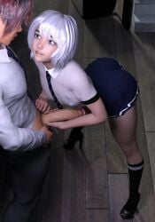 3d arched_back blue_eyes damz grabbing_penis handjob school_uniform white_hair