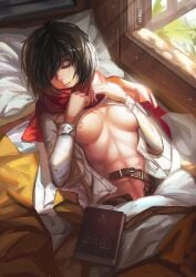 1girls abs attack_on_titan bare_breasts belt black_hair book breasts defined_muscles female female_only half_clothed laying_down laying_on_back laying_on_bed light-skinned_female light_skin mikasa_ackerman peaceful red_scarf saber_01 sleeping sunlight unbuttoned_shirt window