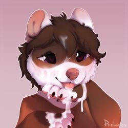 ambiguous_gender anthro bodily_fluids brown_body brown_fur brown_hair cum cum_in_mouth cum_inside cum_on_face cum_on_heart cum_on_paw cum_on_pawpads cute_expression cute_eyes domestic_ferret dookrick fur genital_fluids hair hi_res leaking_cum male mammal mustelid musteline pink_nose pink_tongue prelares purple_eyes smile solo solo_focus tongue tongue_out true_musteline weasel white_body white_fur