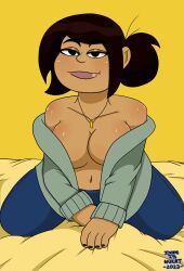 1girls 2023 asian asian_female bed big_breasts breasts brown_skin cleavage disney disney_channel dopeisnukat exposed_shoulders female female_only milf mother no_bra on_knees pinup seductive seductive_pose sharon_mcgee solo the_ghost_and_molly_mcgee