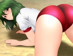 all_fours big_butt blush brown_eyes butt green_hair gym_shorts gym_uniform thighs touhou white_shirt yadokari_genpachirou yuka_kazami yuuka_kazami