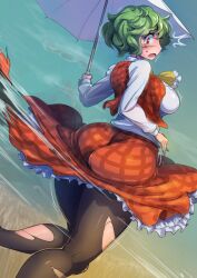 big_breasts big_butt blush breasts butt embarrassed enajii frilled_skirt frills green_hair huge_butt large_butt parasol plaid_skirt plaid_vest red_eyes surprised sweatdrop torn_clothes torn_skirt touhou yuka_kazami yuuka_kazami