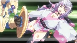 1girl 1girls armor ass attack blush breasts clothing defeated_heroine female_fighter female_warrior goblin goblin_male goblin_no_suana holding holding_shield holding_sword holding_weapon huge_breasts japanese_clothes katana majin_(company) majin_label male_monster monster on_ground outdoors ova pale_skin pink_clothing samurai sayuki_(goblin_no_suana) screenshot shield short_playtime short_shorts sound sword