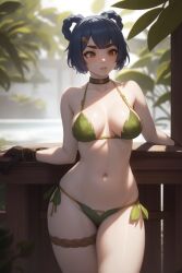 1girls ai_generated blue_hair breasts female female_only genshin_impact hoyoverse kirill782 leaf_bikini looking_at_viewer medium_breasts navel short_hair solo solo_female stable_diffusion standing xiangling_(genshin_impact) yellow_eyes