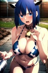 1girls ai_generated bikini blue_eyes blue_hair ciel ciel_(tsukihime) collar cow_costume cow_print cow_print_bikini day facing_viewer fate/grand_order fate_(series) female full_body large_breasts looking_at_viewer male_pov melty_blood nai_diffusion outdoors pov short_hair slutty_outfit solo squatting stable_diffusion tsukihime type-moon