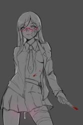 1girls bandage bandages barely_covered barely_covered_breasts belly belly_button blood blood_splatter bloody_knife blush breast breasts clothed cum cum_drip cum_dripping_out_of_pussy female female_only glasses grayscale knife long_hair menacing open_shirt ripped_clothing saber_01 shirt sketch skirt tie