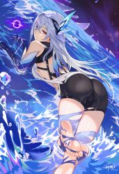 absurdres ass bare_shoulders black_shorts breasts female foot_out_of_frame genshin_impact god_hunter grey_hair hair_ornament highres hoyoverse long_hair looking_at_viewer medium_breasts pink_eyes short_shorts shorts skirk_(genshin_impact) solo thighs very_long_hair