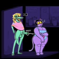 3_toes 4_fingers against_surface against_wall alley anthro ass balls big_breasts big_butt black_background black_hair blonde_hair blush bodily_fluids bottomless bratty_(undertale) breasts bulging_breasts catty_(undertale) closed_eyes clothed clothing crocodile crocodilian crocodylid cum cum_on_penis cumshot dialogue domestic_cat drill_curls duo ejaculation english_text eyelashes feet felid feline felis female fingers fist fti_crossgender fully_clothed fur genital_fluids genitals green_balls green_body green_penis green_skin grunting hair hi_res highlights_(coloring) intersex intersex/female lipstick long_hair long_penis long_tail makeup mammal masturbation orgasm orgasm_face outline outside overalls overweight overweight_female penile penile_masturbation penis public public_masturbation purple_body purple_fur questionable_consent red_lipstick reptile retracted_balls rule_63 scalie shocked shocked_expression side_butt simple_background sound_effects standing sweat sweatdrop tail teeth text text_box thick_thighs toes topwear topwear_only trash_can undertale undertale_(series) white_outline xenopavilia yellow_sclera