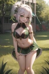 1girls ai_generated bare blush bra breasts cleavage dress female female_only genshin_impact green_eyes green_hair hair_ornament hoyoverse kirill782 long_hair looking_at_viewer multicolored_hair nahida_(genshin_impact) navel pointy_ears shoulders skirt smile solo stable_diffusion white_hair_ornament