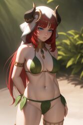 1girls ai_generated breasts female female_only genshin_impact horns hoyoverse kirill782 leaf_bikini long_hair looking_at_viewer medium_breasts navel nilou_(genshin_impact) red_hair sad solo stable_diffusion