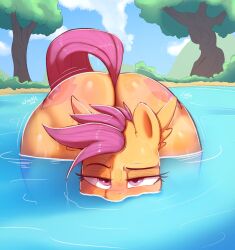 absurd_res ass big_butt equid equine eyelashes female feral friendship_is_magic half-closed_eyes hasbro hi_res looking_at_viewer mammal my_little_pony narrowed_eyes orange_body outside partially_submerged pegasus plant pupils scootaloo_(mlp) solo thick_thighs tree water welost wings