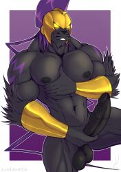 abs achillesmon anthro armor balls bandai_namco bracers digimon felid feline foreskin genitals glowing glowing_eyes greek headgear helmet hi_res iudicium86 male male_only mammal muscular nipples pecs penis retracted_foreskin solo