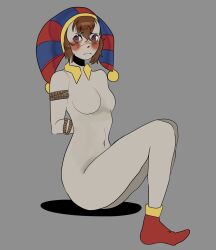 arms_behind_back daffodil_honey_(artist) jester jester_cap pomni_(the_amazing_digital_circus) rope short_hair the_amazing_digital_circus tied_up white_body_hair