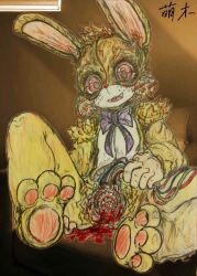 anthro barefoot blood bodily_fluids bondage dark_deception dark_deception:_chapter_4 feet female foot_fetish fur genitals guro humanoid impalement joy_joy_gang lagomorph leporid looking_at_viewer lucky_rabbit lucky_the_rabbit mammal mascot_mayhem mongmulcj open_mouth pain pussy rabbit red_eyes sex sharp_teeth simple_background smile solo teeth torture yellow_body yellow_fur