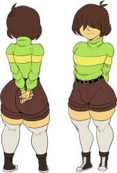 1boy ass back_view big_ass brown_hair brown_shorts deltarune detnox edit femboy femboy_only feminine_male front_and_back front_view girly green_shirt hair_covering_eyes hair_over_eyes hands_behind_head kris kris_(deltarune) kris_(light_world_form) male male_only screenshot screenshot_edit shorts striped_shirt thigh_high_socks thigh_highs thighhighs trap undertale undertale_(series) white_background yellow_stripe