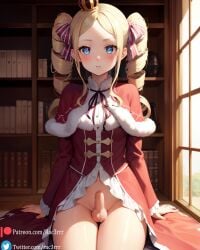 1futa ai_generated beatrice_(re:zero) blonde_hair blue_eyes bookshelf closed_eyes erection from_below futa_only futanari indoors looking_at_viewer medium_breasts no_panties penis re:zero_kara_hajimeru_isekai_seikatsu small_penis stable_diffusion symbol-shaped_pupils testicles thighhighs