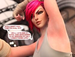 1girls armpit dialogue earlpedibus female femdom freckles league_of_legends nose_ring pink_hair short_hair smelly_armpit steamy steamy_armpit text tomboy vi