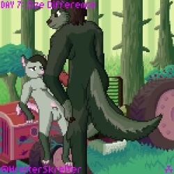 absurd_res american_opossum anthro canid canine canis duo forest forest_background hi_res hrelterskrelter knot male male/male mammal marsupial nature nature_background pixel_art plant rodent size_difference tractor tree virginia_opossum wolf